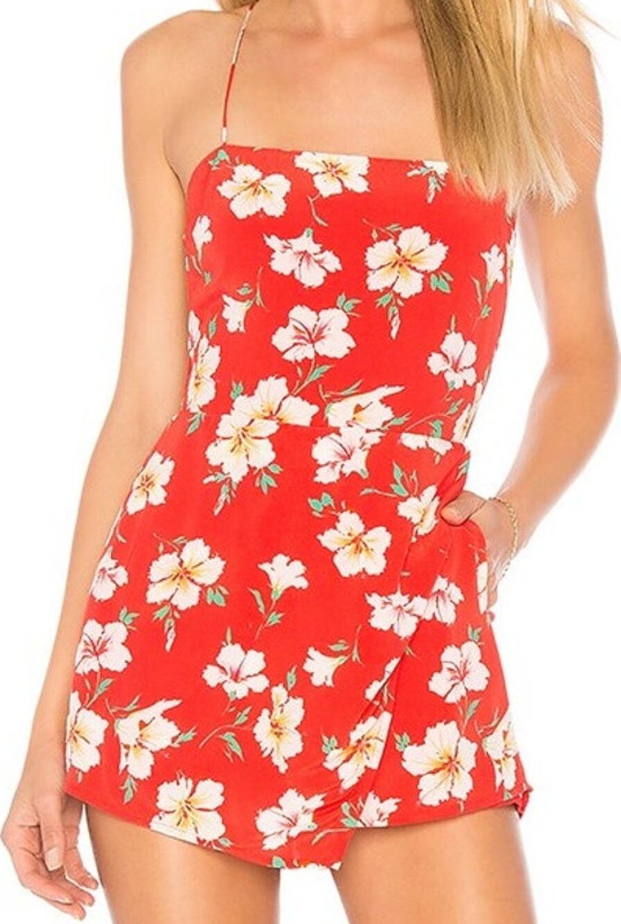 Majorelle Leticia Romper Hibiscus Hawaiian Pockets Open Back Tie Fruit Punch S